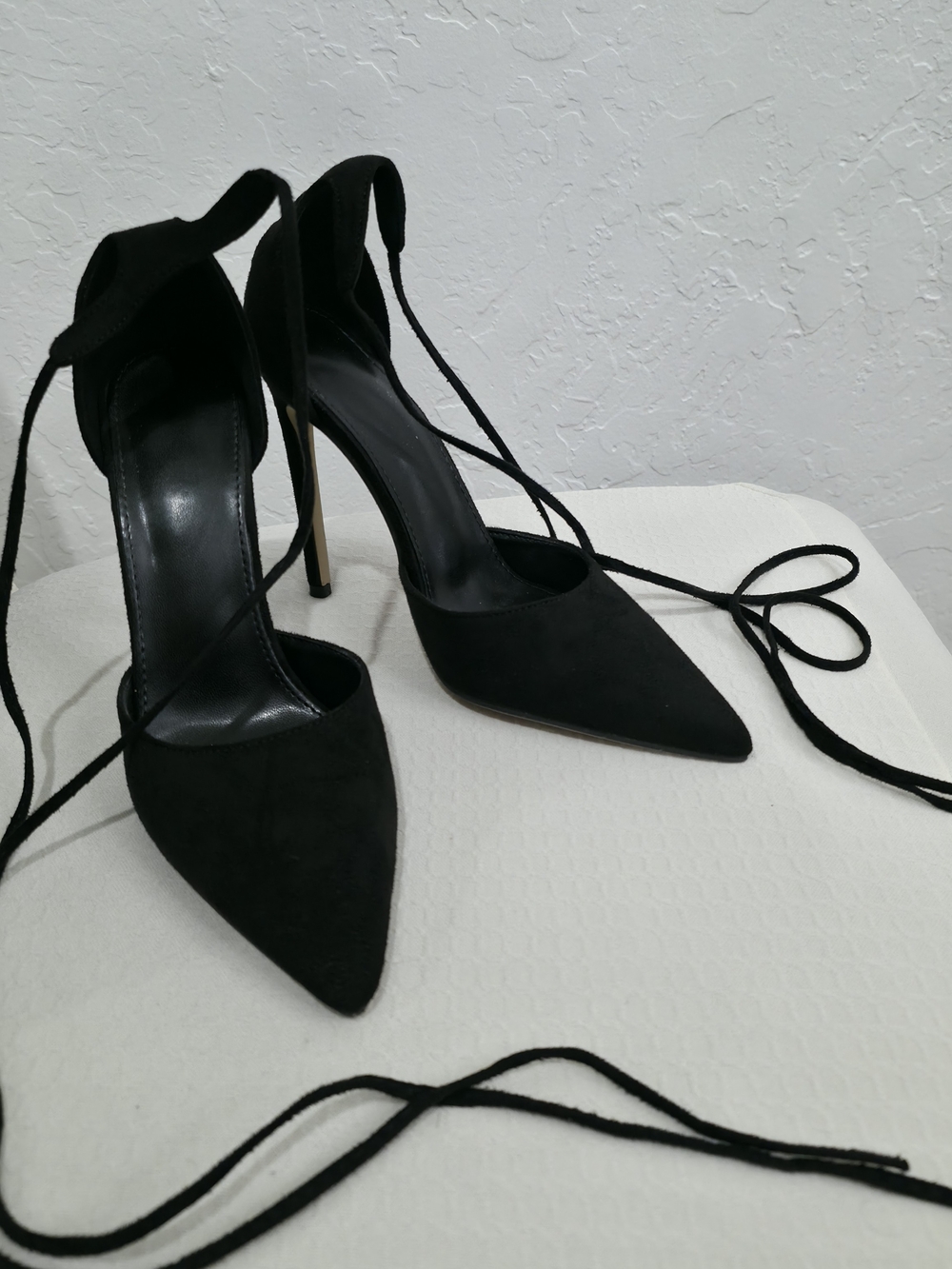 Black Pointed Lace-Up Stiletto Heels